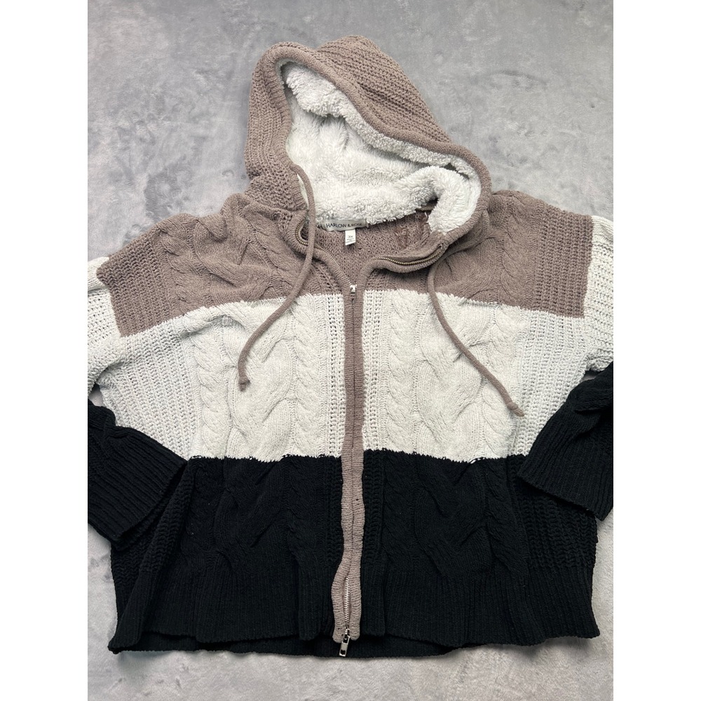 Harlow & Rose 3X Colorblock Cable Knit Zip Hoodie Sweater Shearling Lined